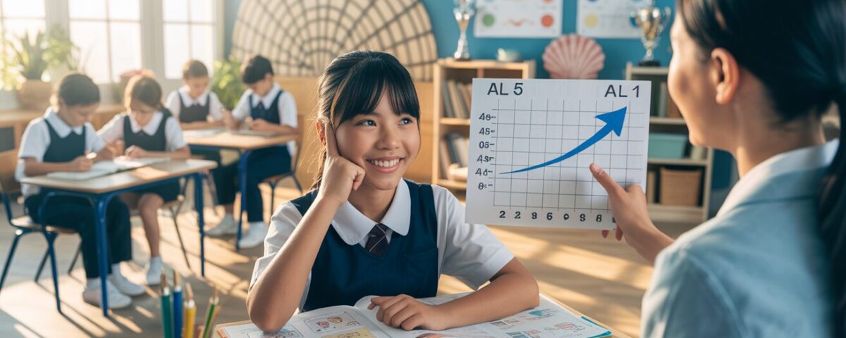 Asian student and tutor in bright classroom, celebrating math progress, surrounded by peers.