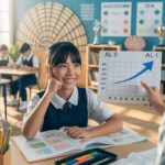 Asian student and tutor in bright classroom, celebrating math progress, surrounded by peers.