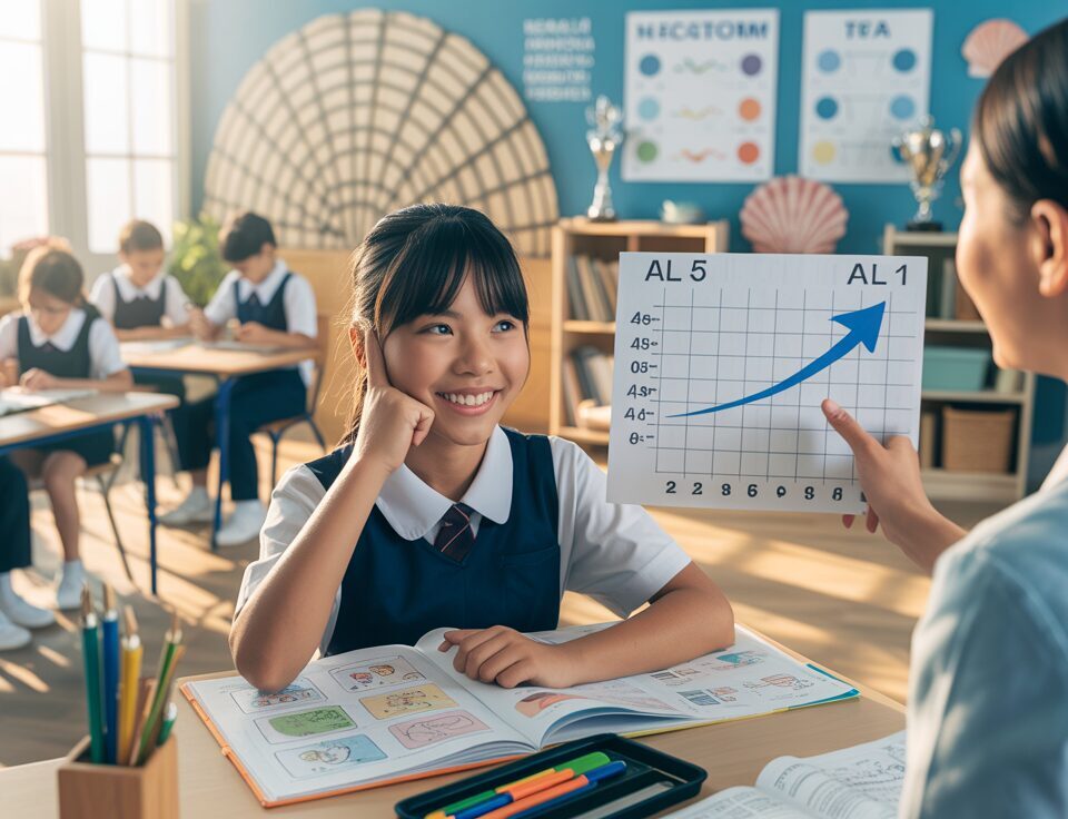 Asian student and tutor in bright classroom, celebrating math progress, surrounded by peers.