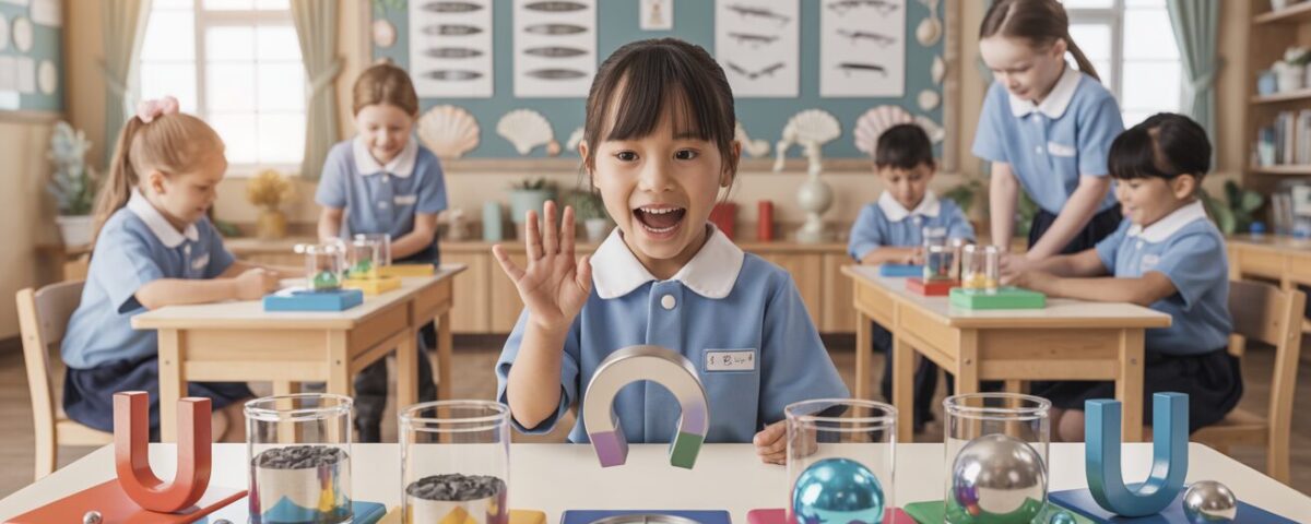 Asian student in blue uniform marvels at a magnet experiment in a seashell-themed classroom.