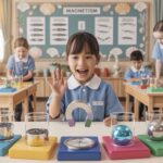 Asian student in blue uniform marvels at a magnet experiment in a seashell-themed classroom.