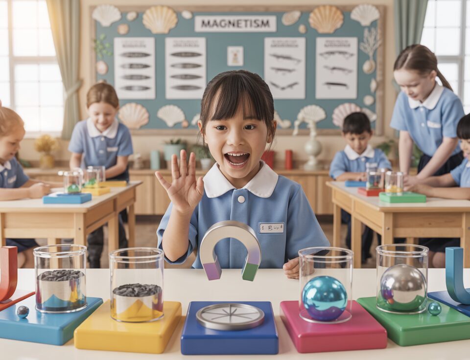 Asian student in blue uniform marvels at a magnet experiment in a seashell-themed classroom.