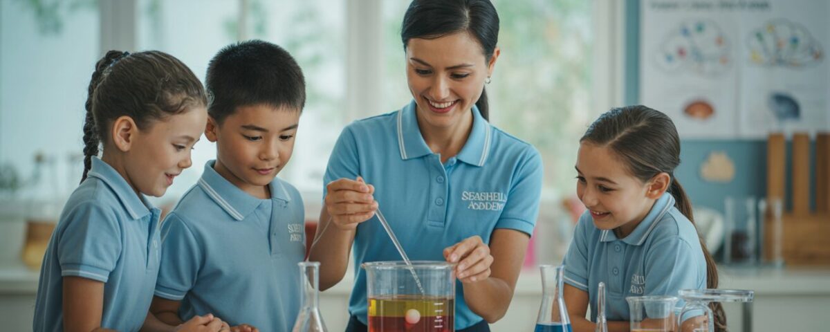 Asian teacher guides students in density experiment with layered liquids in bright classroom.