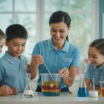 Asian teacher guides students in density experiment with layered liquids in bright classroom.