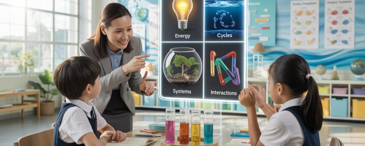 Bright classroom with interactive science display and engaged students.