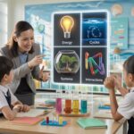 Bright classroom with interactive science display and engaged students.