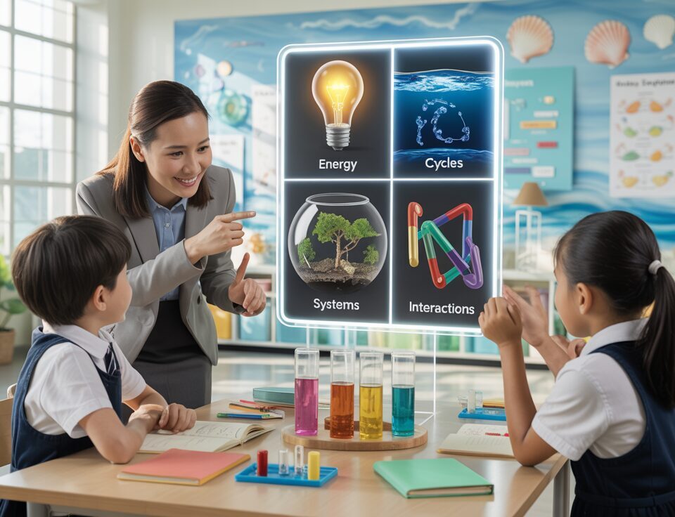 Bright classroom with interactive science display and engaged students.