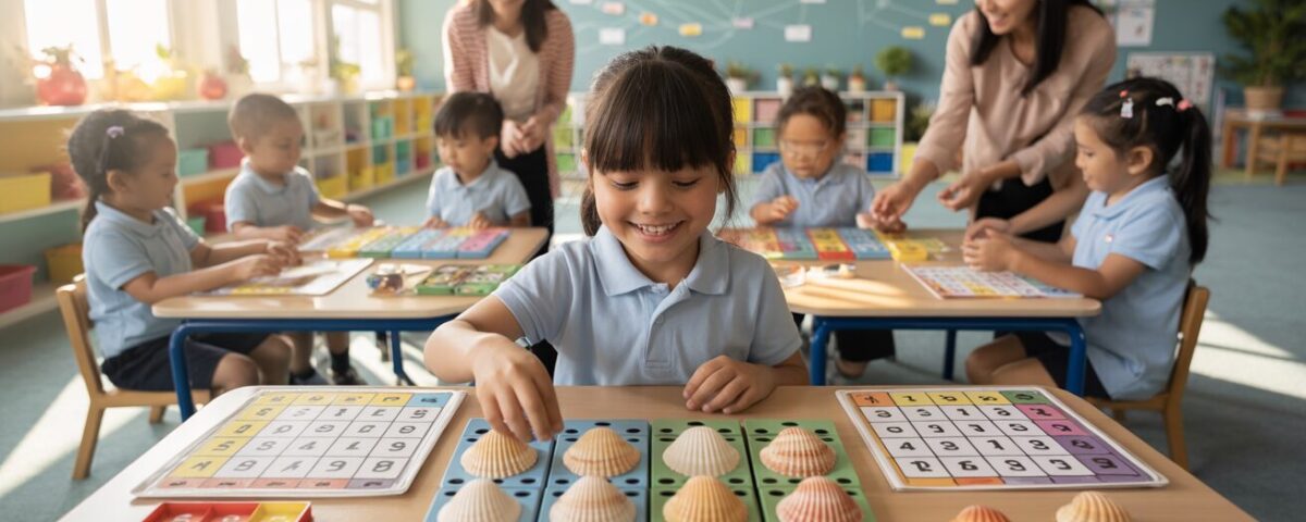 Cheerful classroom with students playing multiplication games, colorful worksheets, and seashell objects.