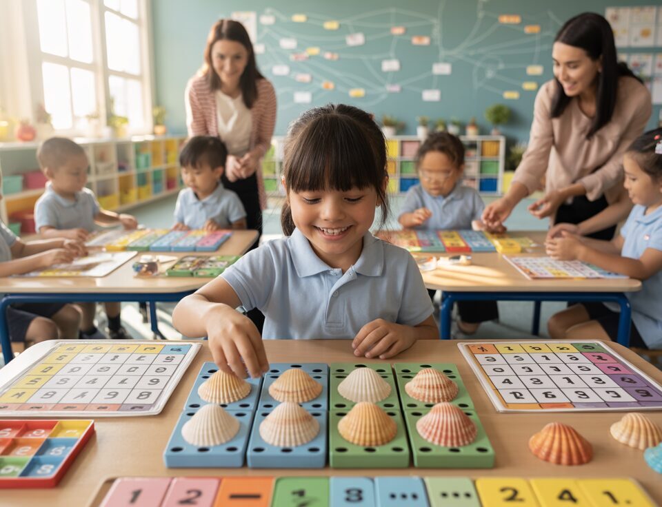 Cheerful classroom with students playing multiplication games, colorful worksheets, and seashell objects.