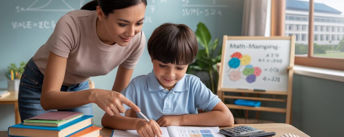 Child studying PSLE Math with parent support in a cozy, sunlit study space.