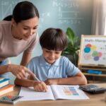 Child studying PSLE Math with parent support in a cozy, sunlit study space.
