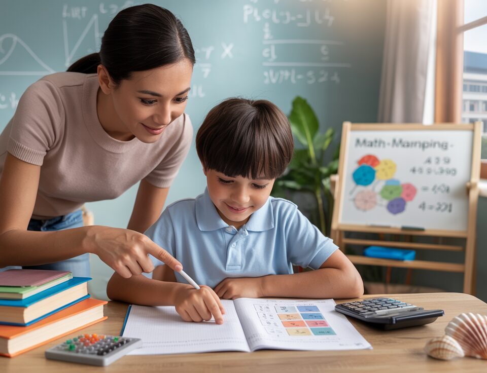 Child studying PSLE Math with parent support in a cozy, sunlit study space.