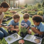 Children explore a botanical garden with a teacher guiding plant sketches.