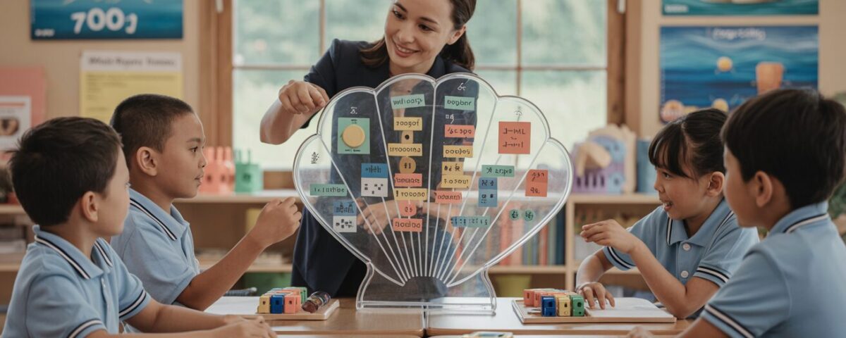 Classroom with seashell glass board, students using 3D math tools, ocean-themed decor.
