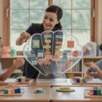 Classroom with seashell glass board, students using 3D math tools, ocean-themed decor.