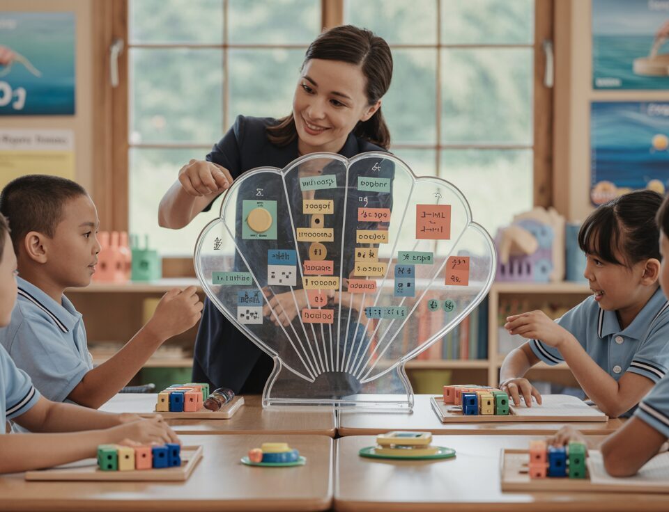 Classroom with seashell glass board, students using 3D math tools, ocean-themed decor.