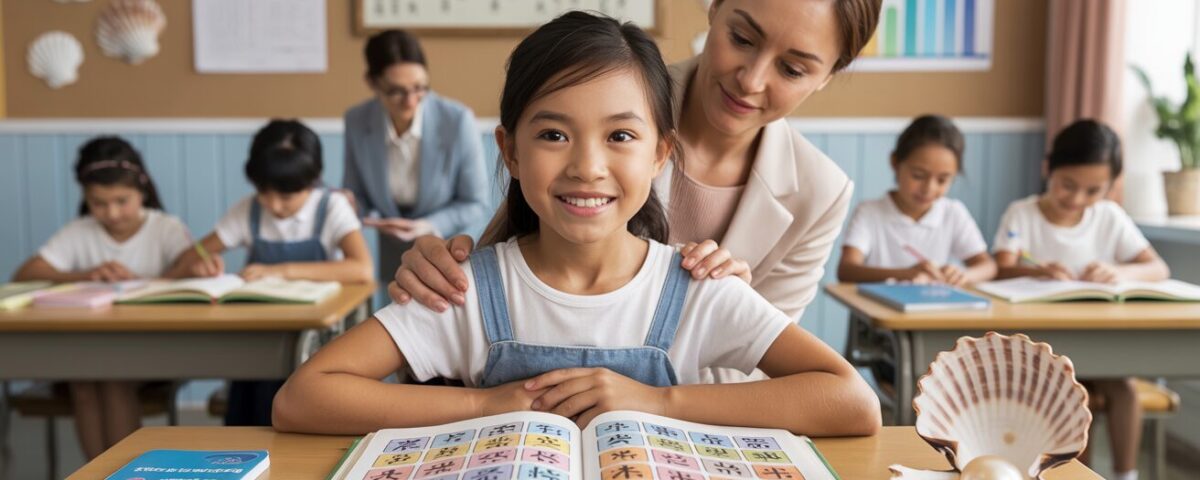 Confident Asian girl in classroom, transitioning from frustration to achievement, with supportive teacher.