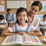 Confident Asian girl in classroom, transitioning from frustration to achievement, with supportive teacher.