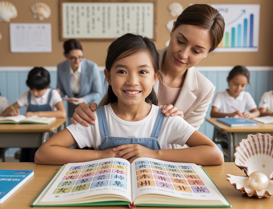 Confident Asian girl in classroom, transitioning from frustration to achievement, with supportive teacher.