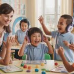 Diverse young students engage in a fun listening game in a seashell-themed classroom.