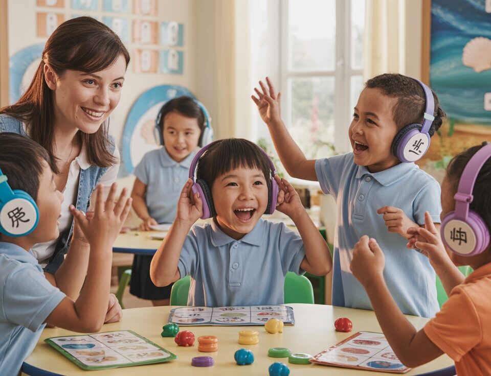 Diverse young students engage in a fun listening game in a seashell-themed classroom.