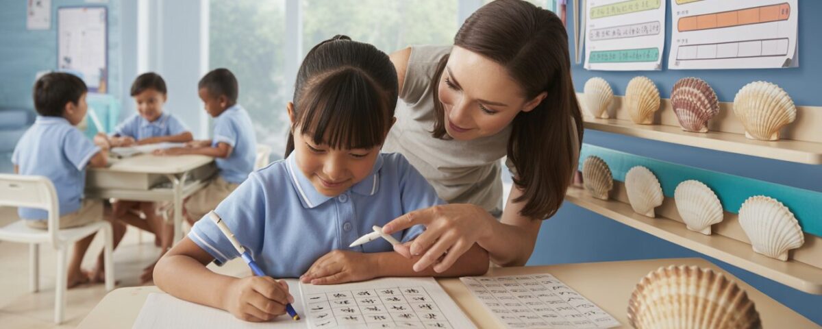 Modern classroom with a student writing Chinese characters, guided by a teacher with a seashell pointer.