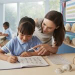 Modern classroom with a student writing Chinese characters, guided by a teacher with a seashell pointer.