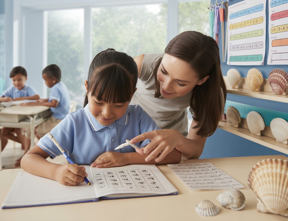 Modern classroom with a student writing Chinese characters, guided by a teacher with a seashell pointer.