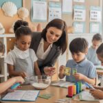 Modern classroom with kids baking and budgeting, guided by a teacher in a seashell-themed setting.