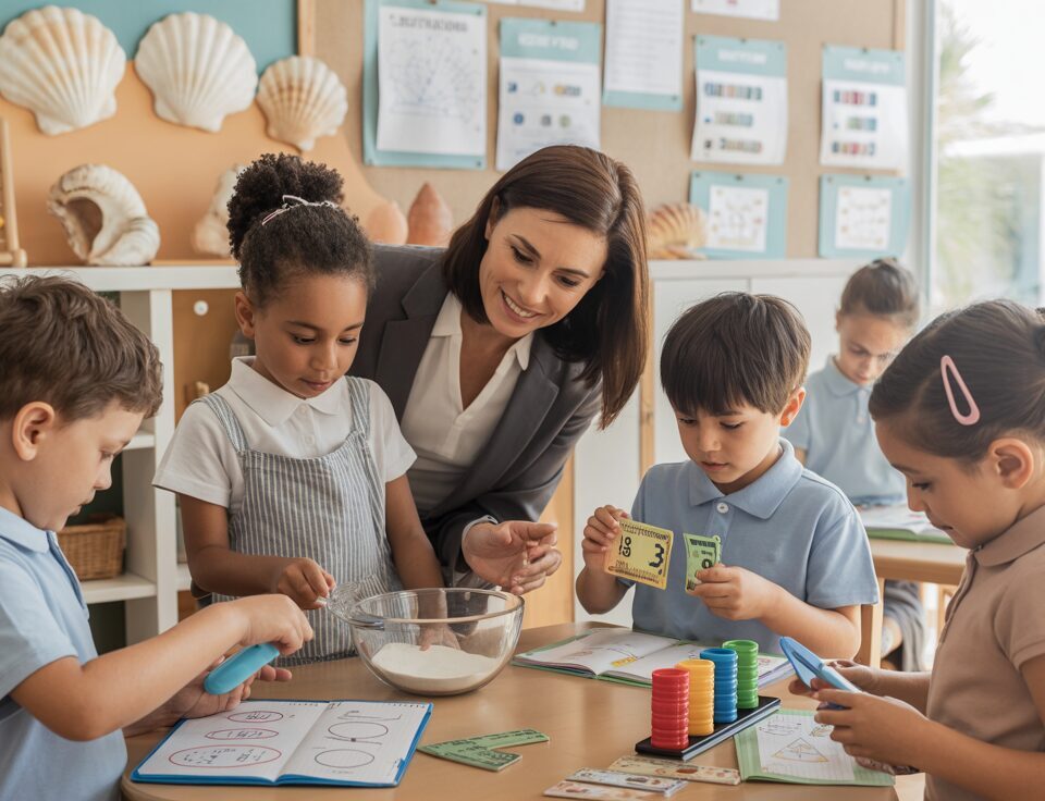 Modern classroom with kids baking and budgeting, guided by a teacher in a seashell-themed setting.
