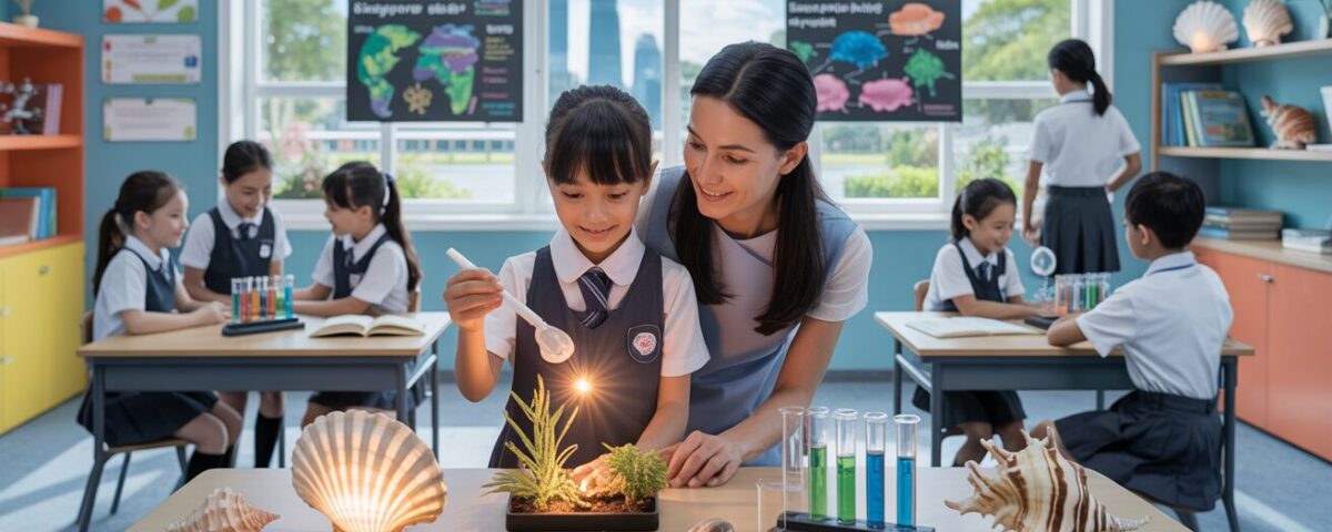 Modern classroom with student-teacher interaction, plants, seashell, and digital displays.