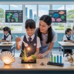 Modern classroom with student-teacher interaction, plants, seashell, and digital displays.