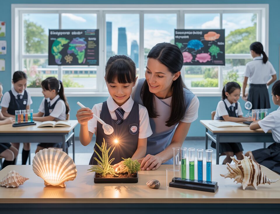 Modern classroom with student-teacher interaction, plants, seashell, and digital displays.