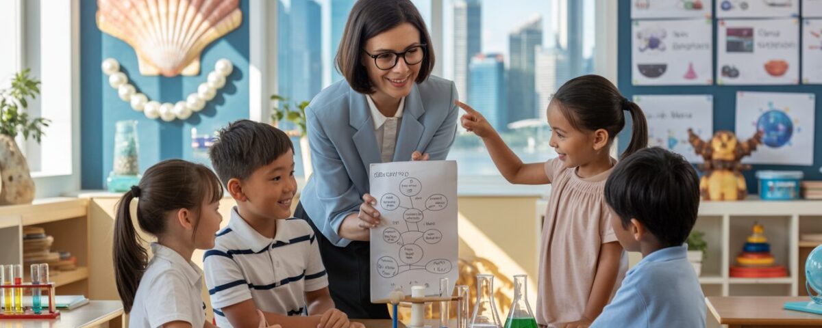 Modern classroom with teacher guiding diverse students in science experiment, warm tones, Singapore skyline.