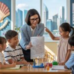 Modern classroom with teacher guiding diverse students in science experiment, warm tones, Singapore skyline.