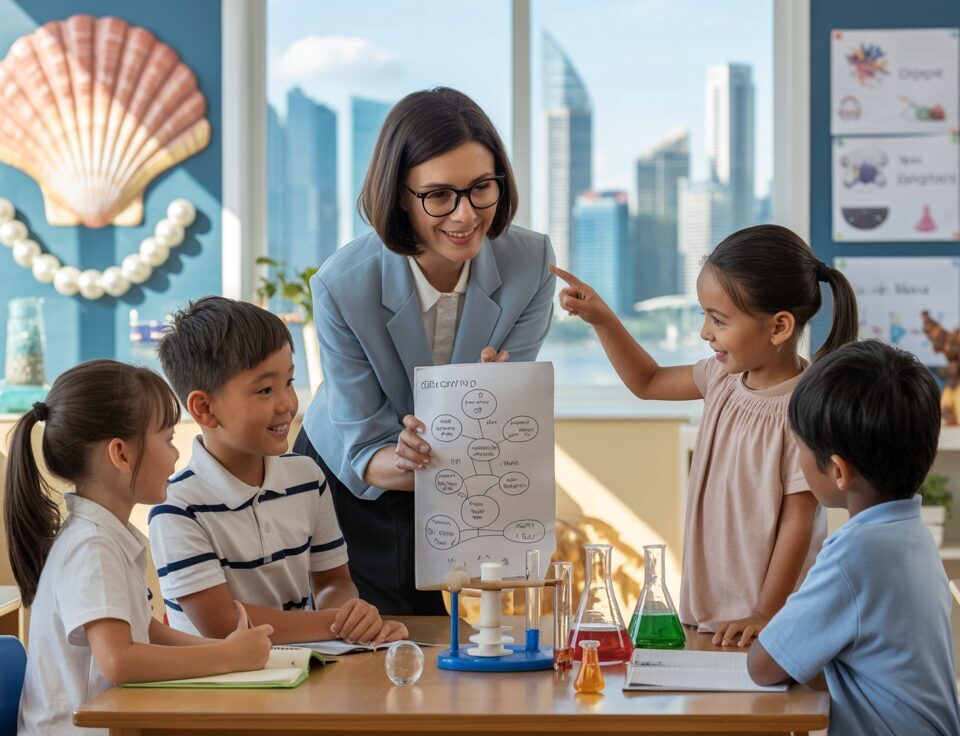 Modern classroom with teacher guiding diverse students in science experiment, warm tones, Singapore skyline.