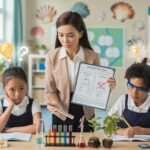 Modern classroom with teacher guiding students in science experiment, balancing struggle and success.