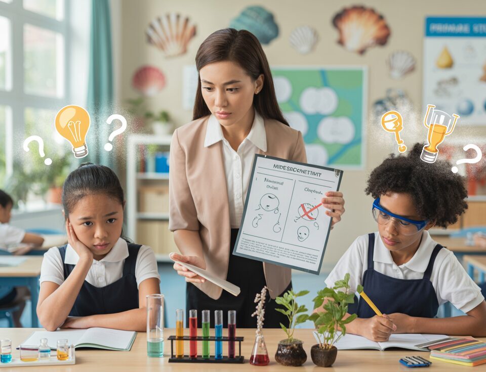 Modern classroom with teacher guiding students in science experiment, balancing struggle and success.