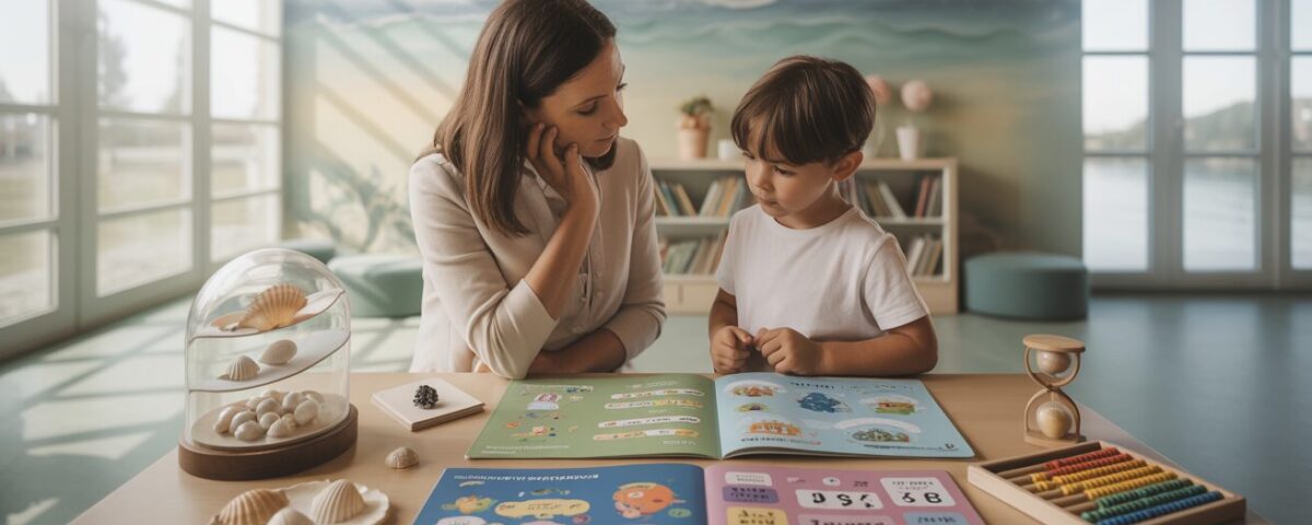 Parent and child explore math books in a bright school study, surrounded by educational decor.