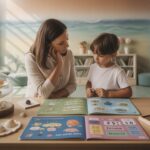 Parent and child explore math books in a bright school study, surrounded by educational decor.