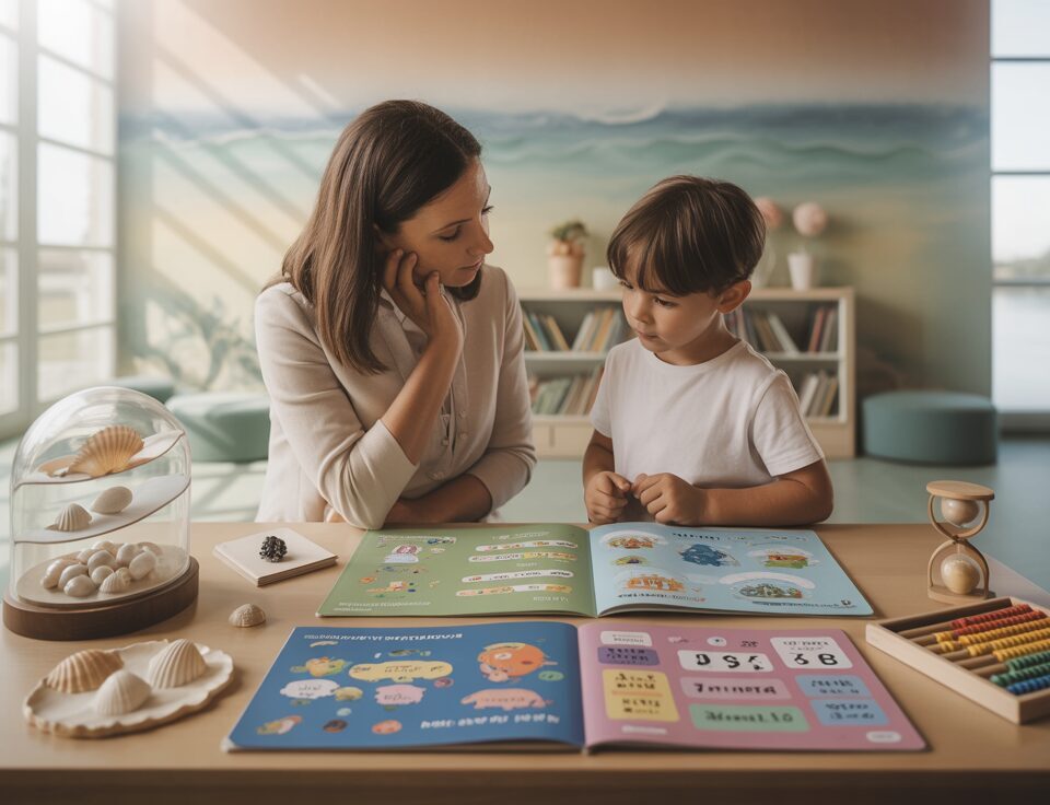 Parent and child explore math books in a bright school study, surrounded by educational decor.