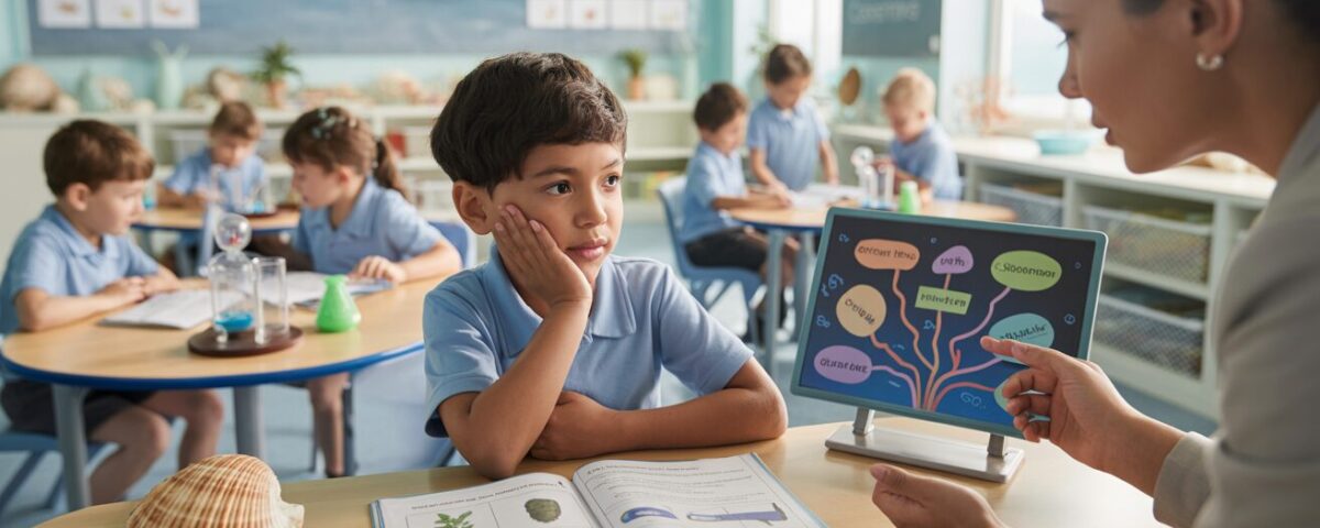 Primary 6 student answers a science question with teacher's guidance in a seashell-themed classroom.