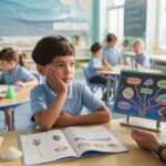 Primary 6 student answers a science question with teacher's guidance in a seashell-themed classroom.