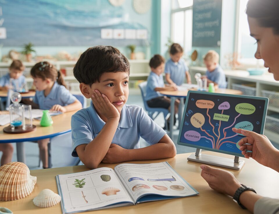 Primary 6 student answers a science question with teacher's guidance in a seashell-themed classroom.
