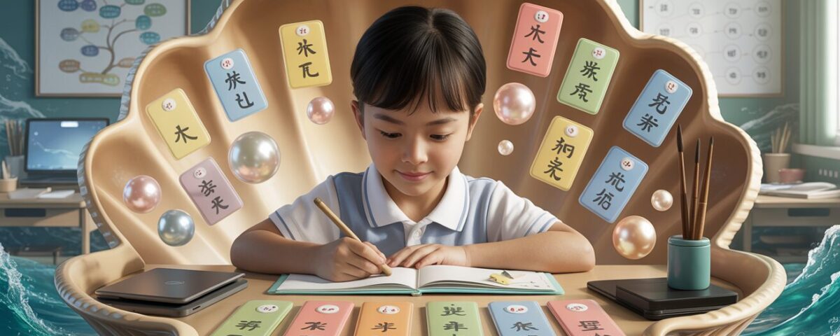 Serene classroom with a student studying Chinese flashcards in a seashell-shaped room.