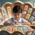 Serene classroom with a student studying Chinese flashcards in a seashell-shaped room.