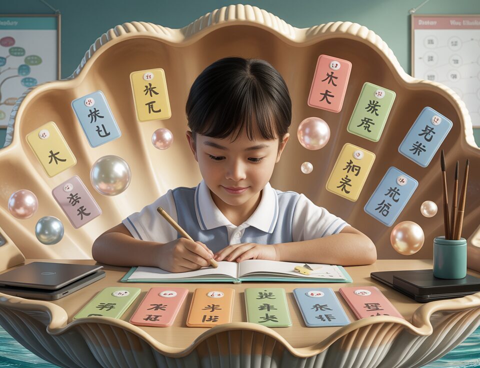 Serene classroom with a student studying Chinese flashcards in a seashell-shaped room.