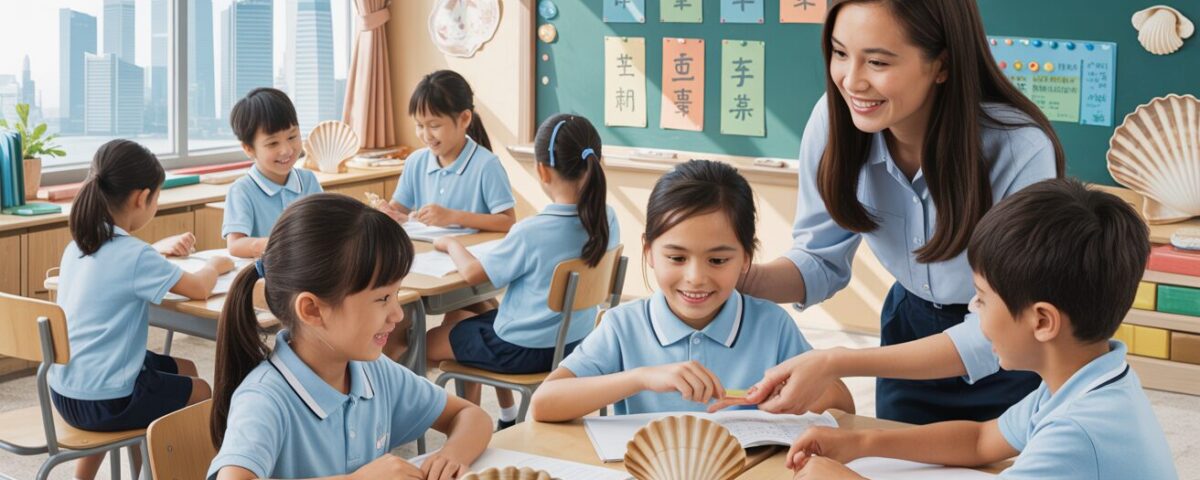 Singapore classroom with teacher and students in interactive Chinese lesson, seashell decor.
