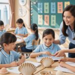 Singapore classroom with teacher and students in interactive Chinese lesson, seashell decor.