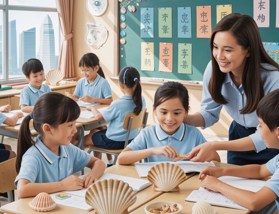 Singapore classroom with teacher and students in interactive Chinese lesson, seashell decor.